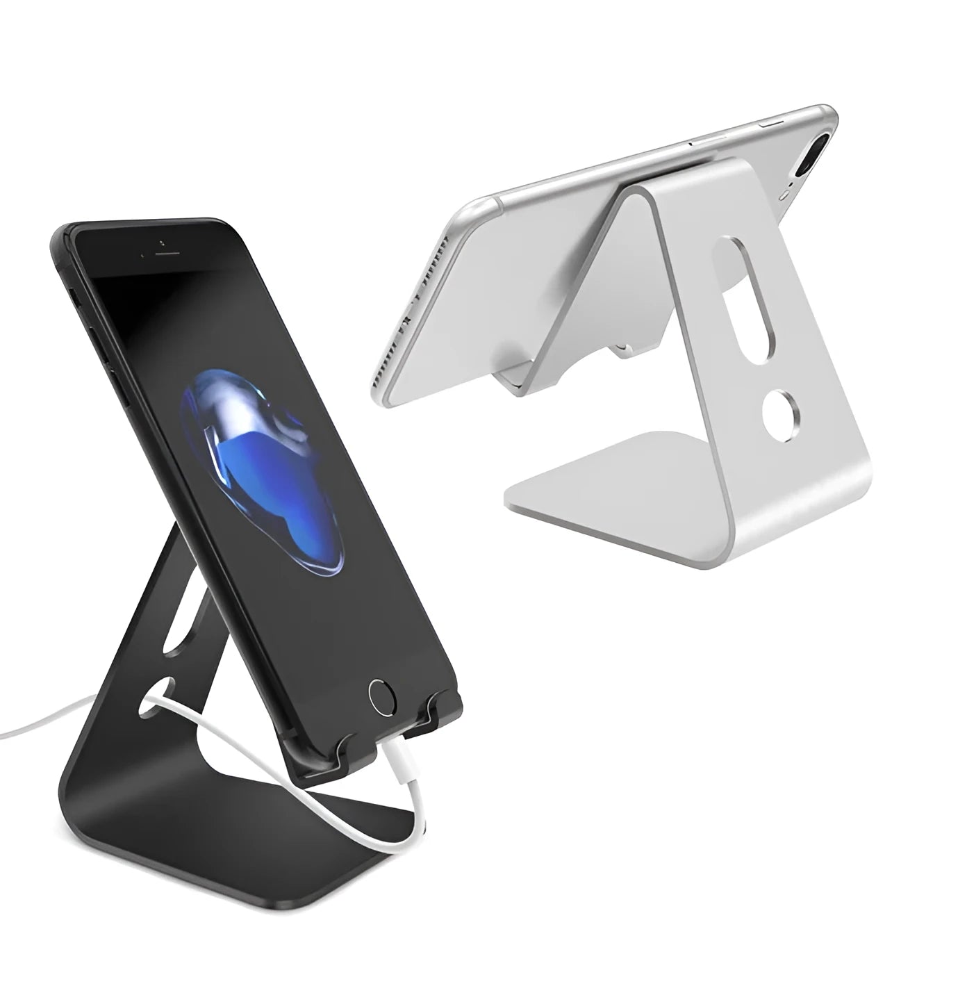 Aluminium alloy universal phone and tablet stand in black, red, rose gold, and silver colour options.