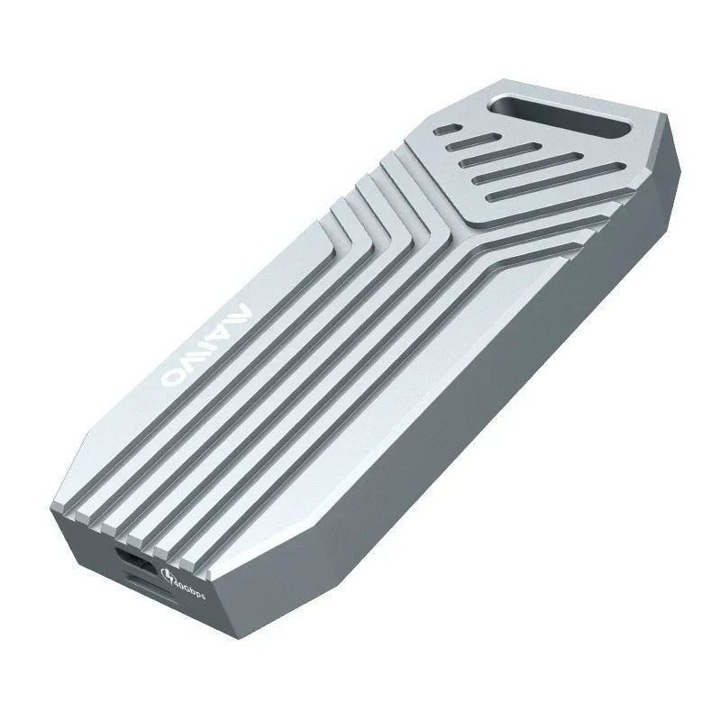 Aluminium Thunderbolt 4 external M.2 SSD enclosure in grey and silver finishes on a colour box.