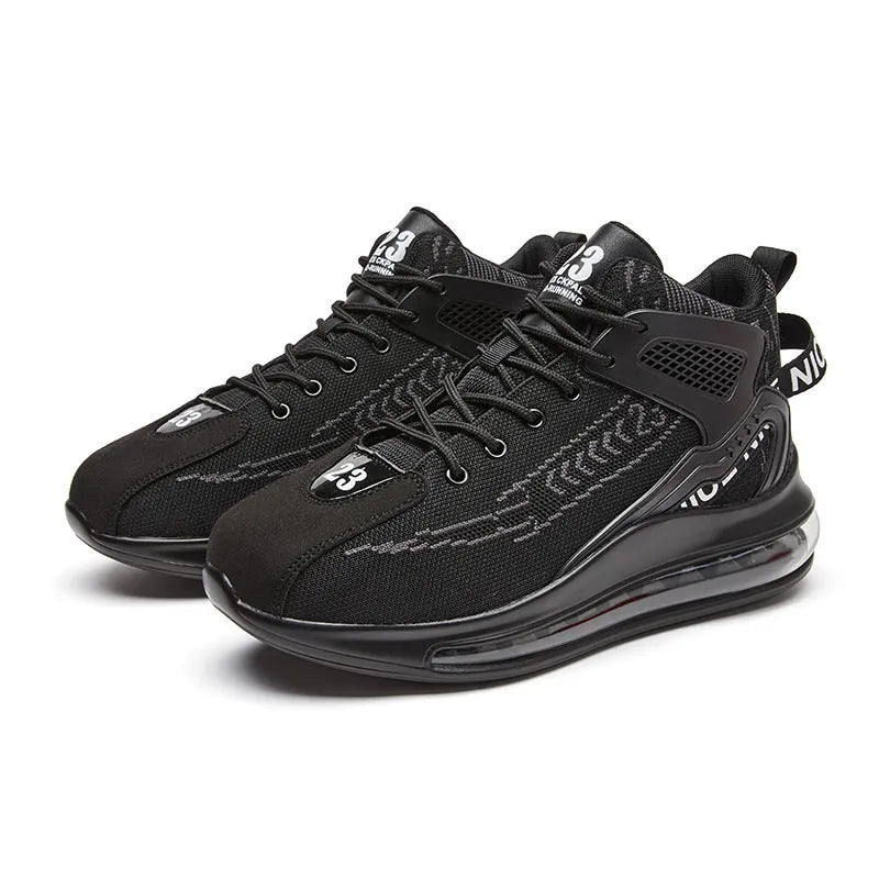 Cushion damping running shoes in Black mesh with EVA sole, round toe, and front lace-up closure
