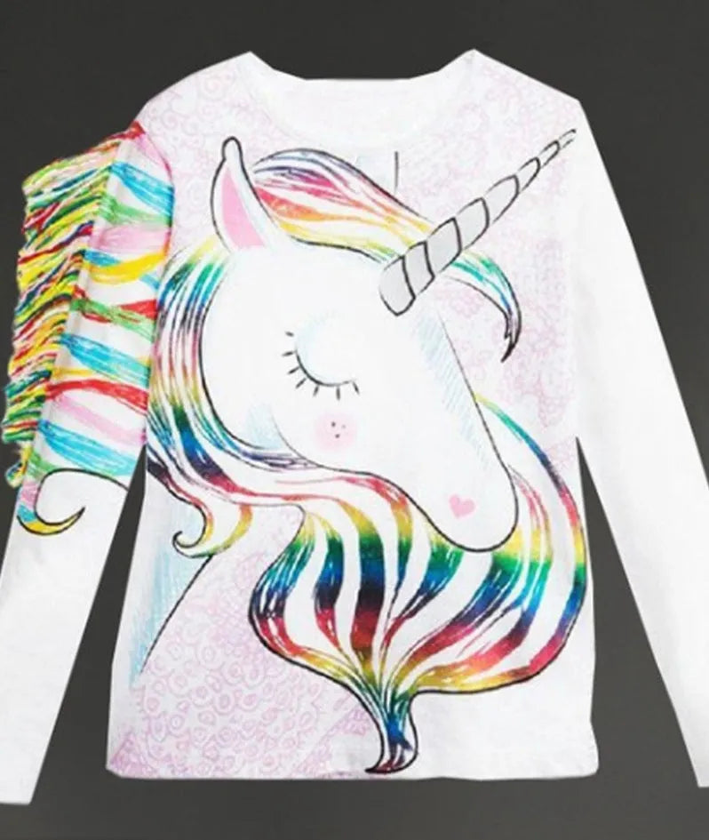 White children's T-shirt with stereo horse hair print, long sleeve round neck cotton top