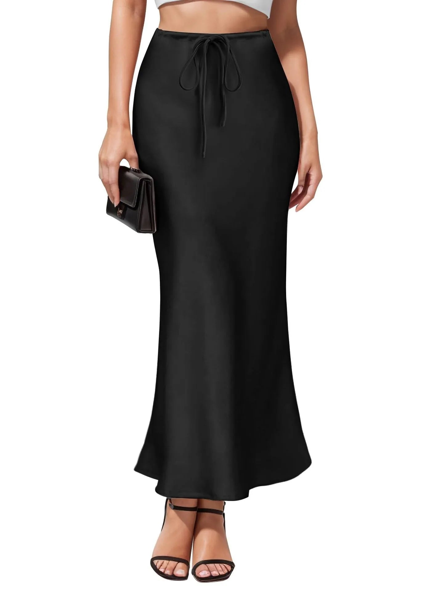 Asymmetric acetate satin skirt with high waist and irregular stitching detail in solid colour.