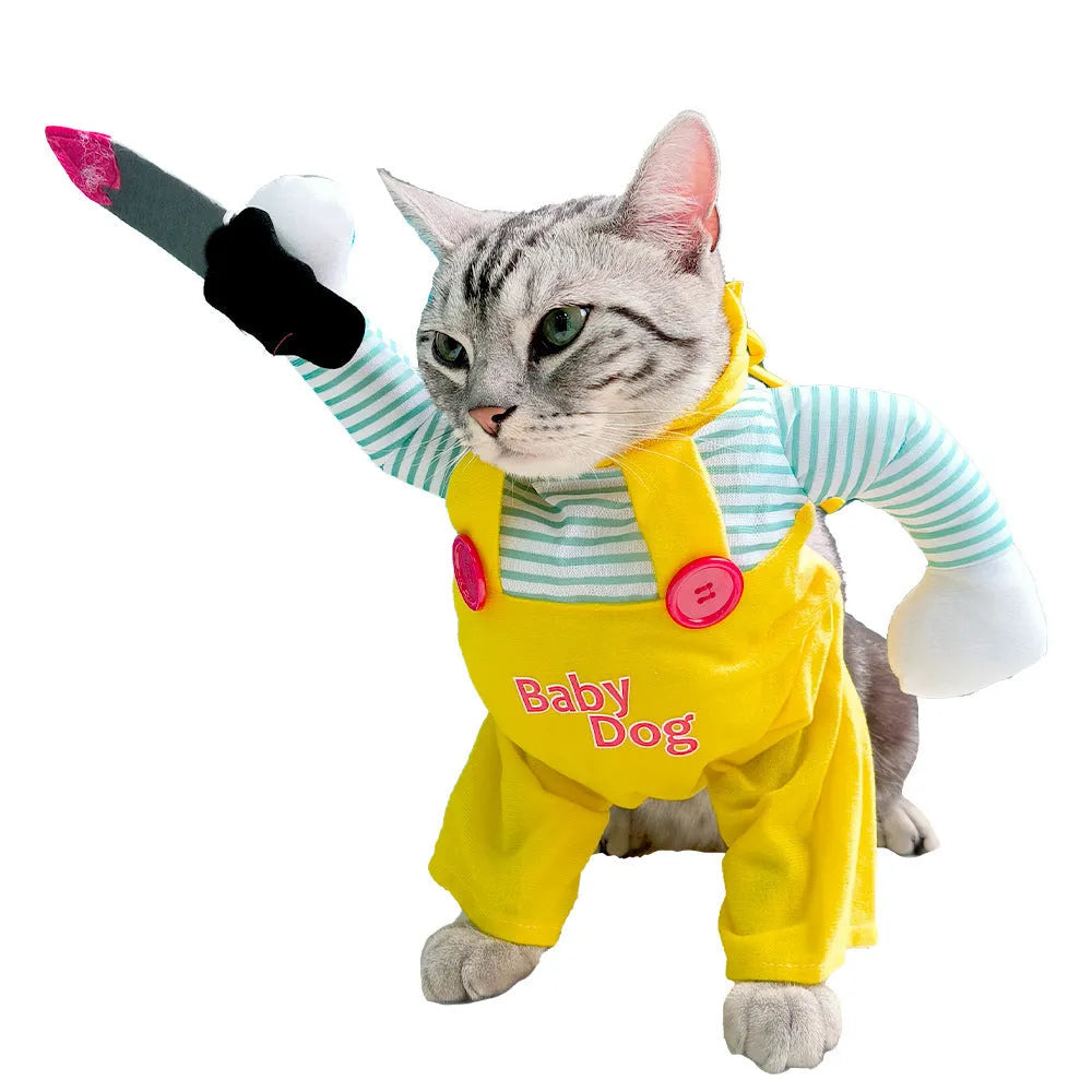 Yellow knife assassin costume for cat showing B02405 colour design and polyester construction