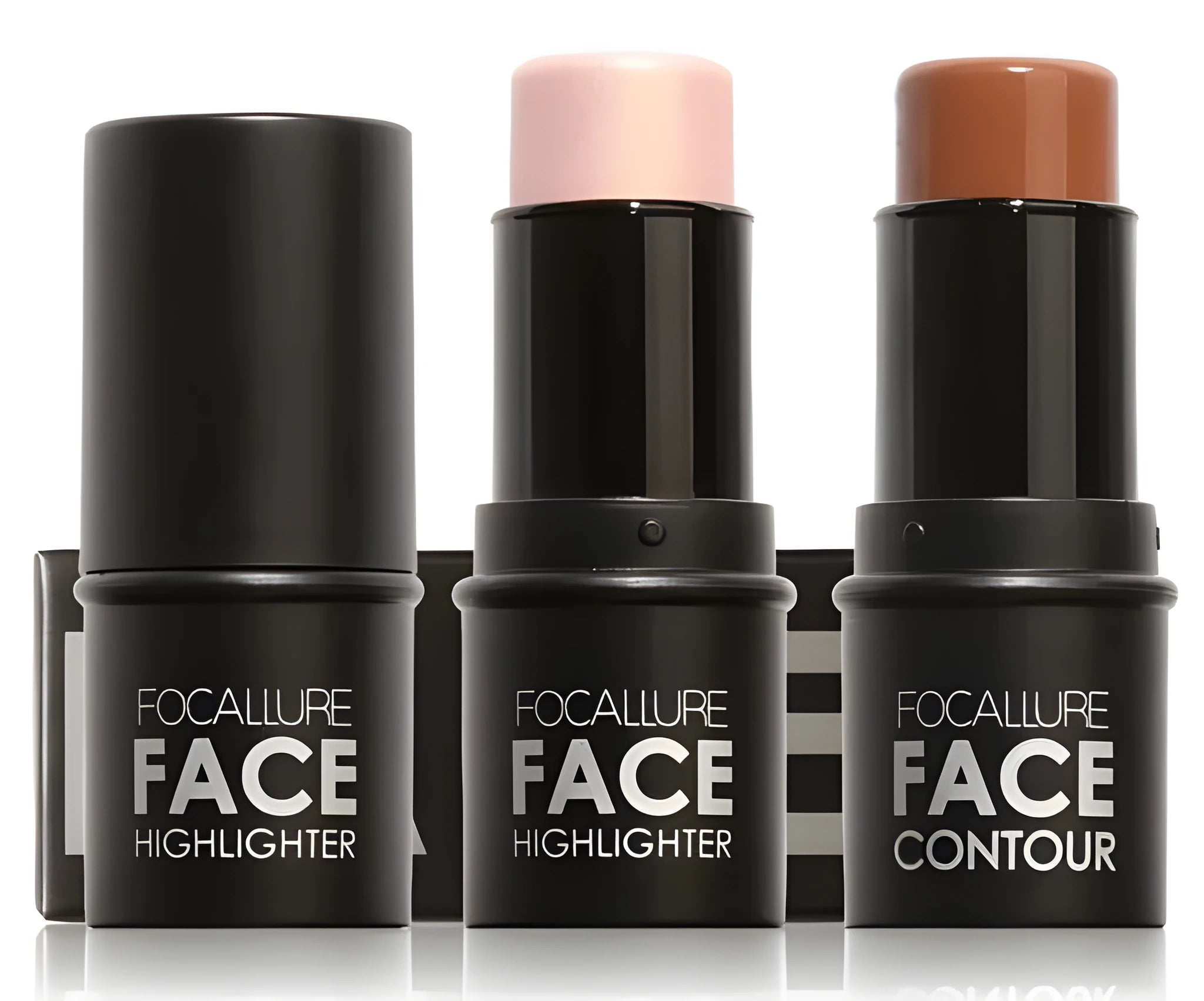 Four shade options of a cream stick face contour highlighter on a white background.