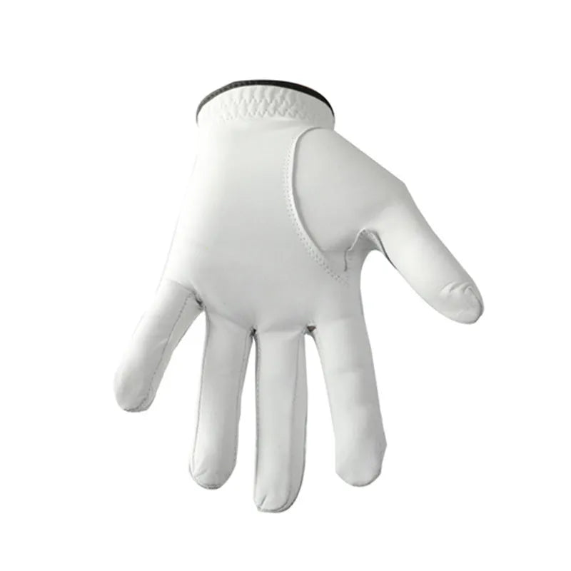 Men's white half sheepskin golf gloves showing palm grip detail and size tags