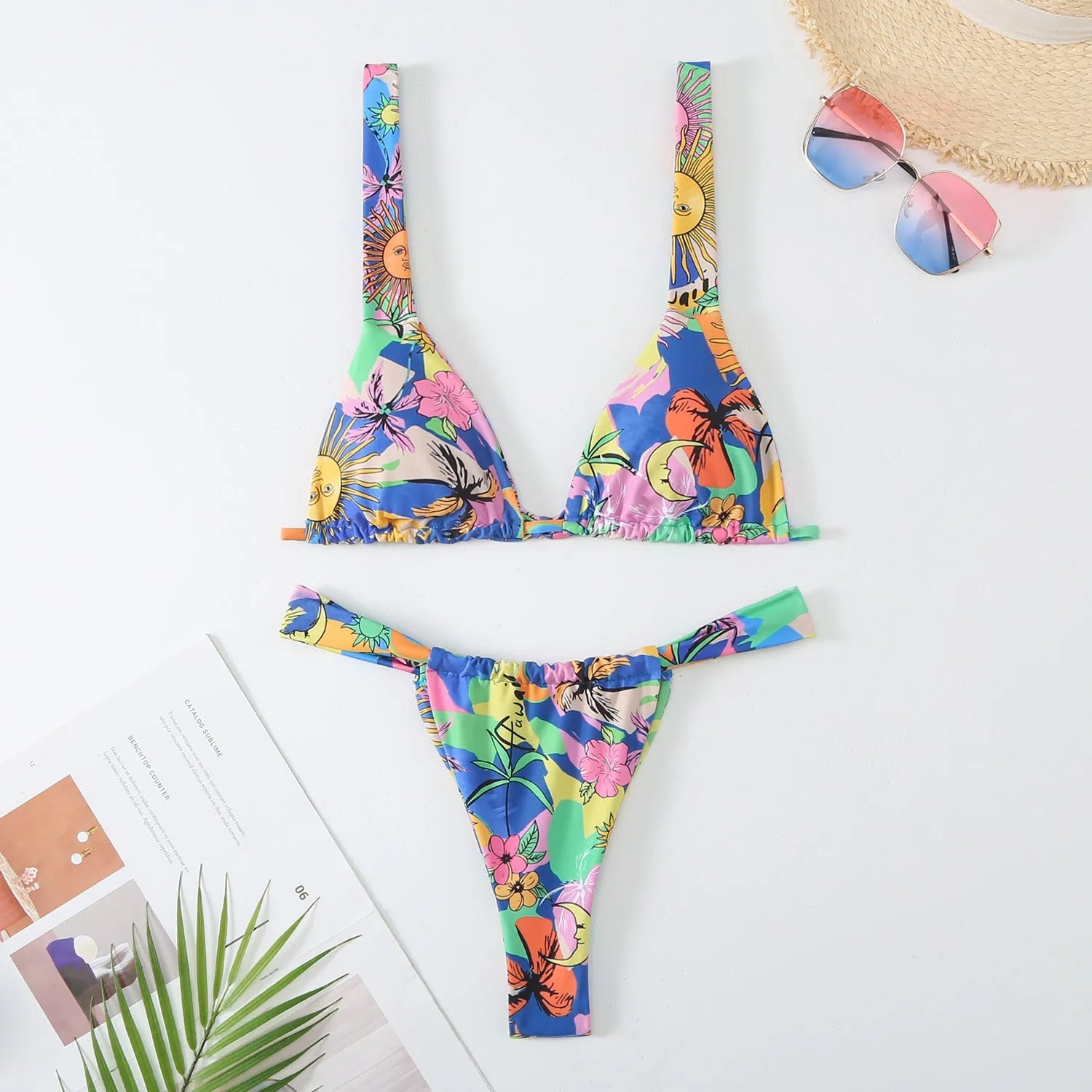 Women's floral print polyester bikini swimsuit in blue colour