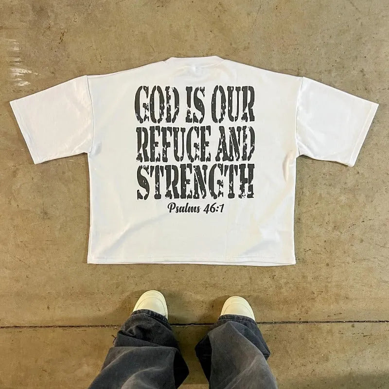 Printed cotton short sleeve T-shirt in retro street style with drop-shoulder sleeves