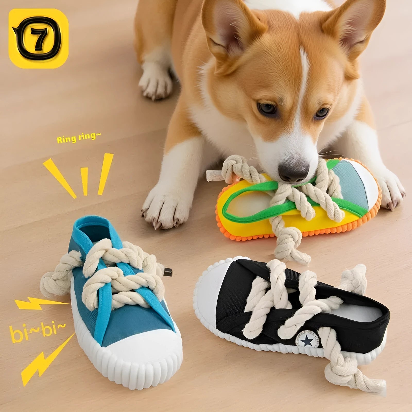 Plastic dog slipper chew toy in yellow, black and blue colours with textured bends for dental cleaning