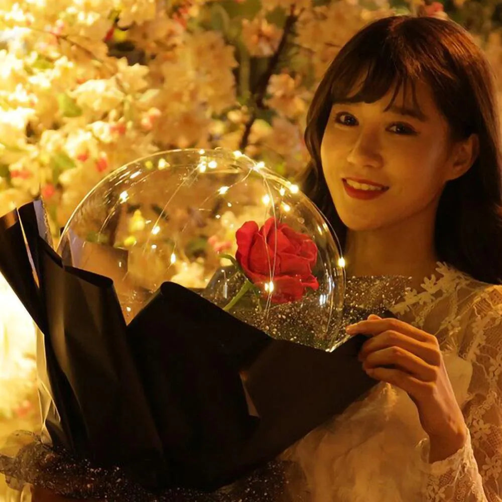 Transparent round LED luminous balloon rose bouquet with artificial flower and lights for DIY assembly