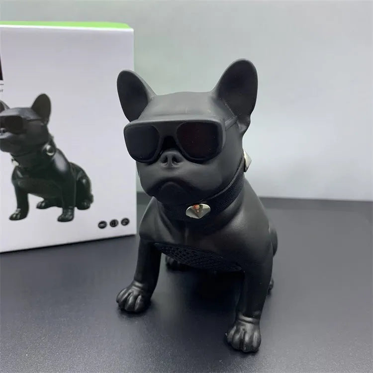 Mini bulldog-shaped Bluetooth speaker in black, red or white colours with wireless audio functionality