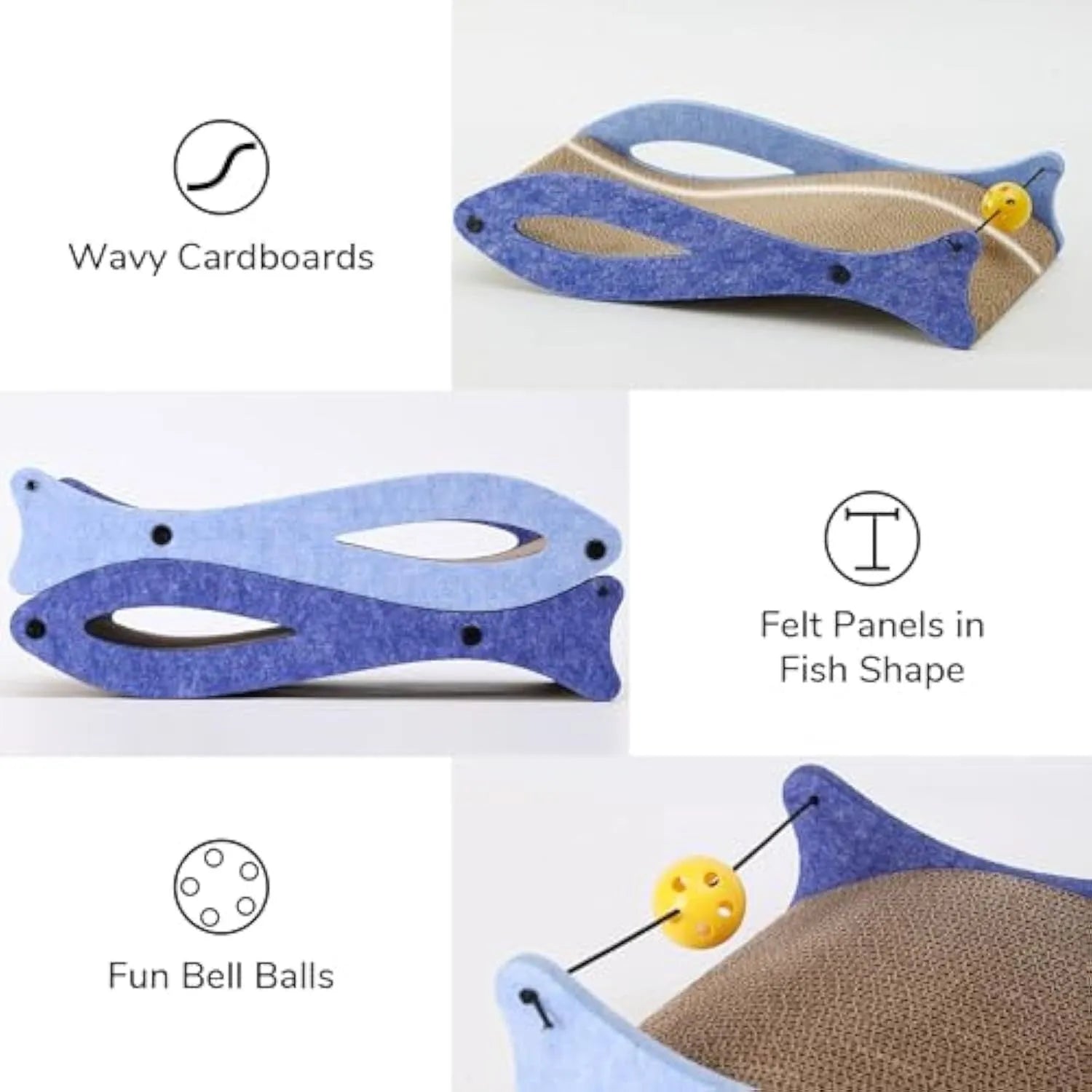 Blue fish-shaped cat scratcher with cardboard lounge area and hanging ball toys