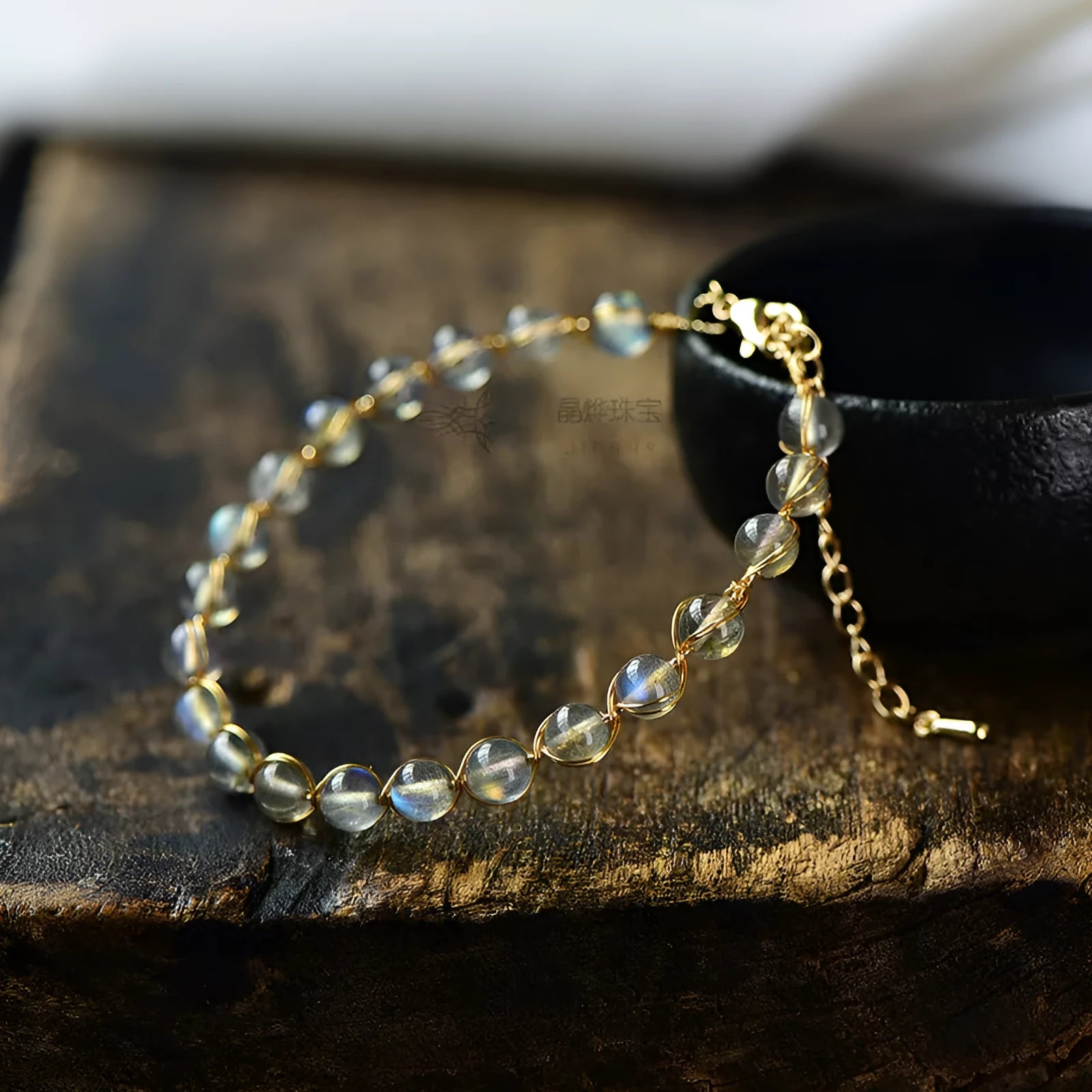 Women's 14K gilded bracelet with natural crystal blue moonstone gemstones in starry sky design