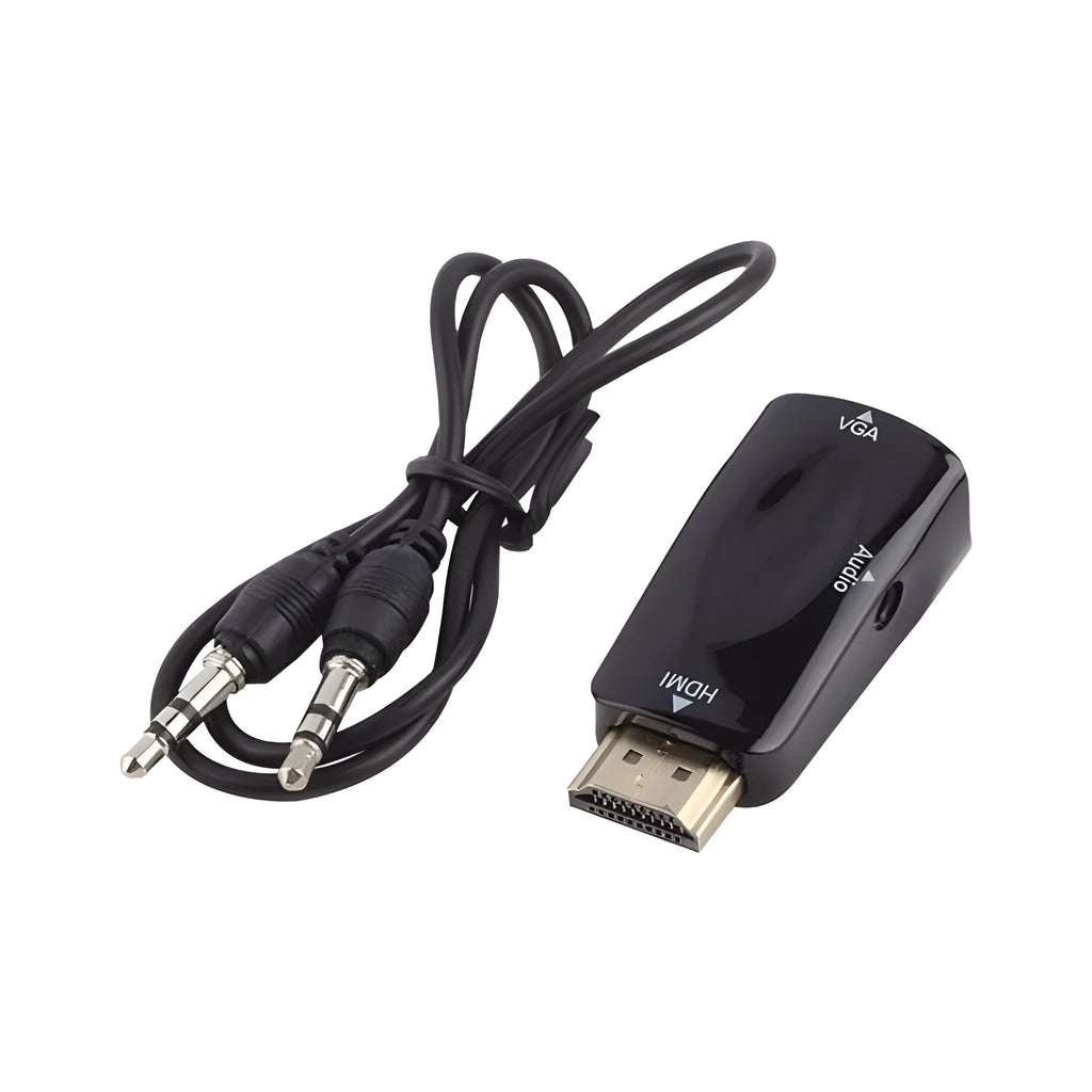 HDMI to VGA adapter converter in black compact size 48x23.3x15.4mm for connecting laptops to projectors