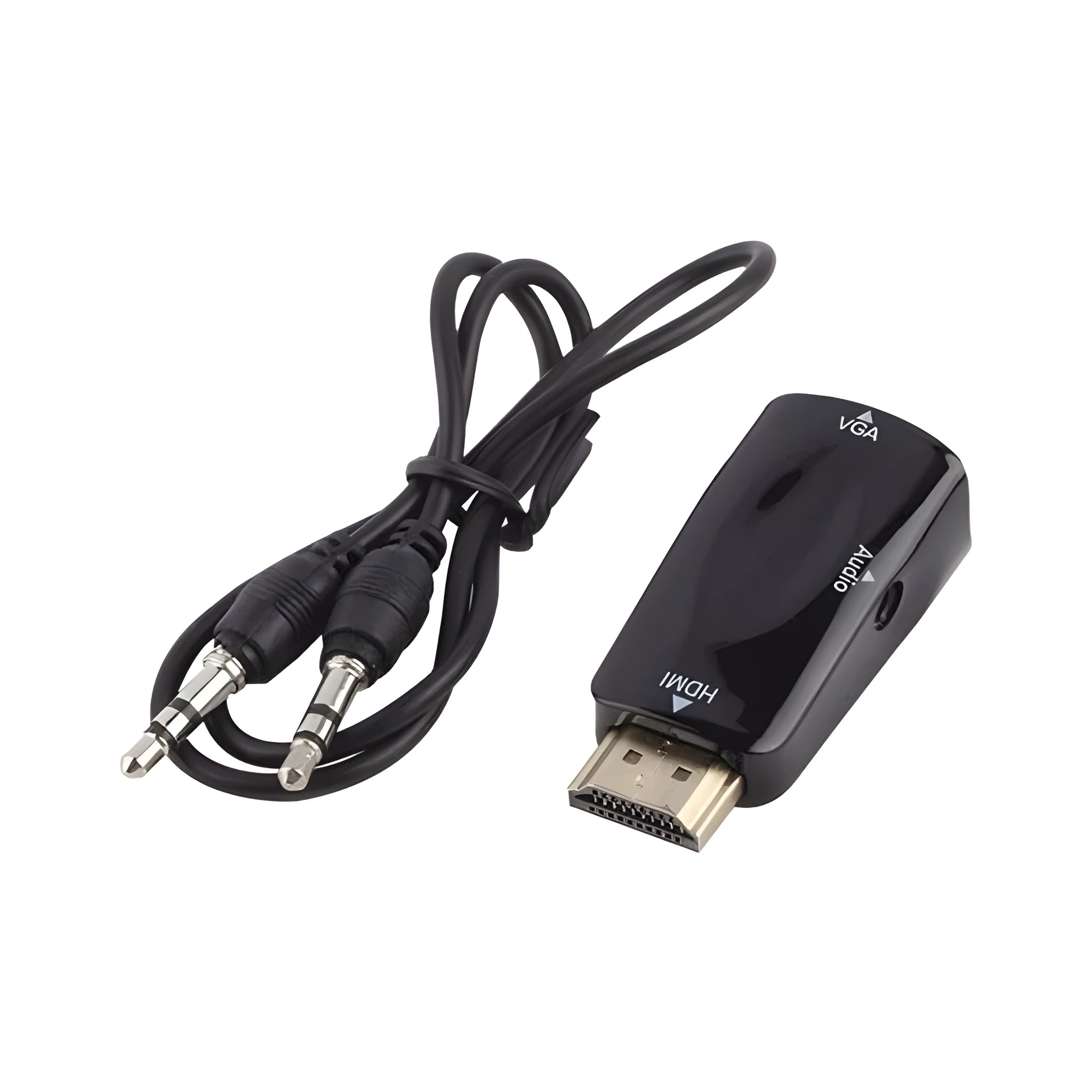 HDMI to VGA adapter converter in black compact size 48x23.3x15.4mm for connecting laptops to projectors