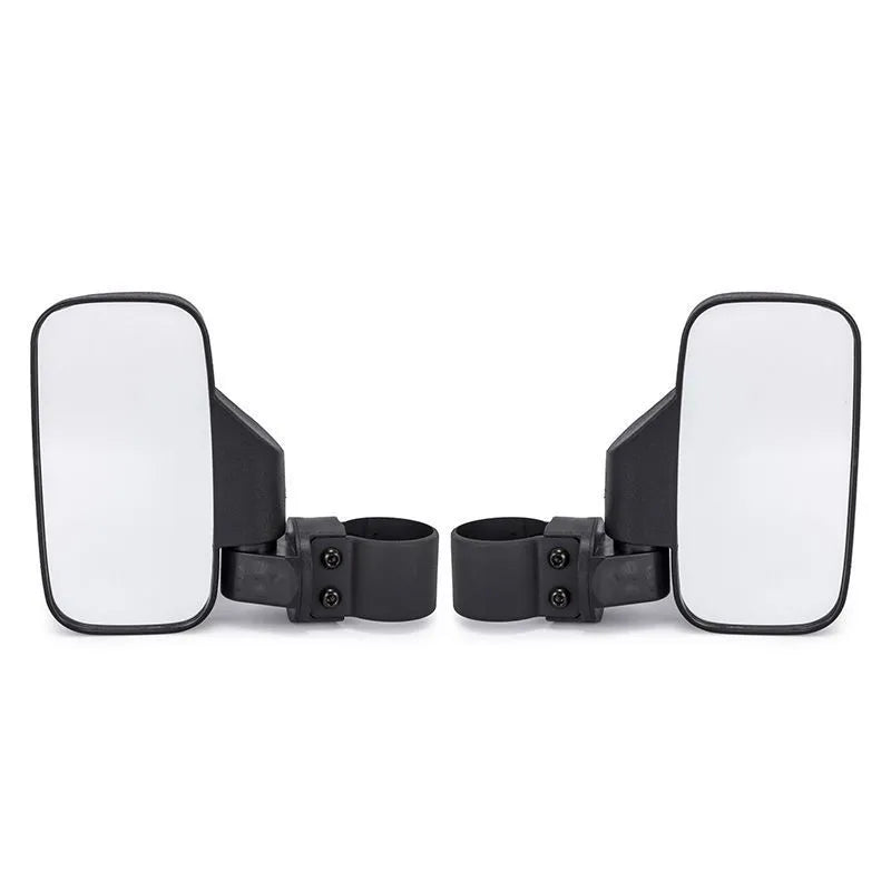 Pair of black plastic and glass universal UTV off-road motorcycle rearview mirrors in packaging