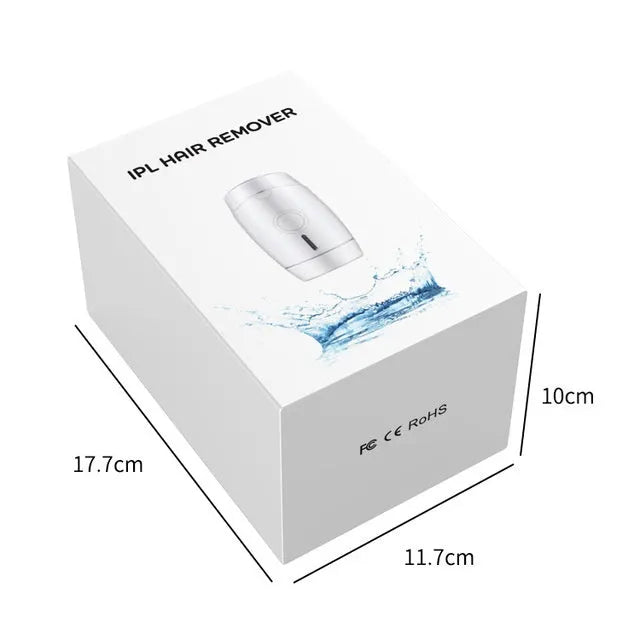 White home laser hair removal device with display screen and attachment head on a white background.
