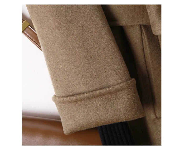 Wool coat with long suit collar in black and caramel colour options