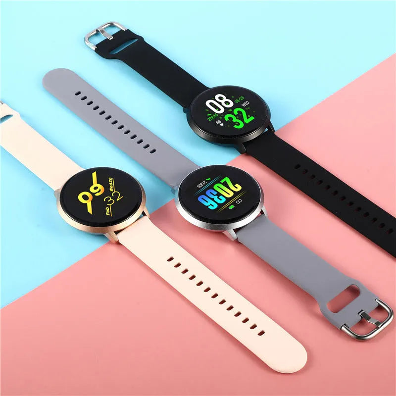 Smart health bracelet with touch screen display on silicone wrist strap in silver colour option