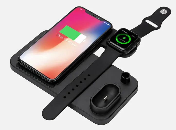 4-in-1 wireless charging station with adjustable phone stand charging multiple devices