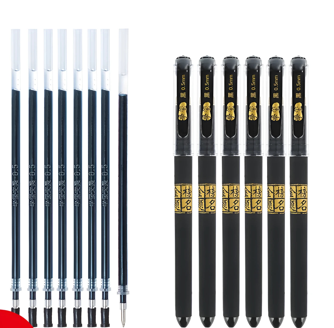 Set of eight carbon black gel pens showing bullet and needle tip options