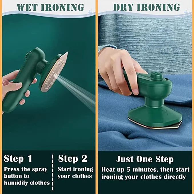 Handheld portable garment steamer in dark green with large titanium soleplate