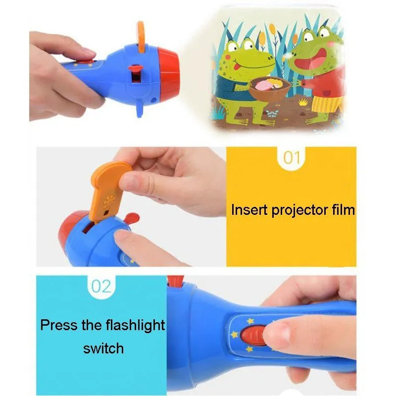SmartKids children's handheld torch projector with four colourful story discs on a white background.
