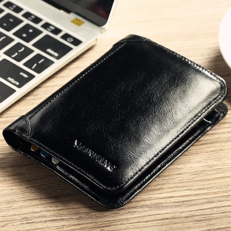 Men's black leather wallet open to show internal card slots, coin pocket, photo holder, and document section.