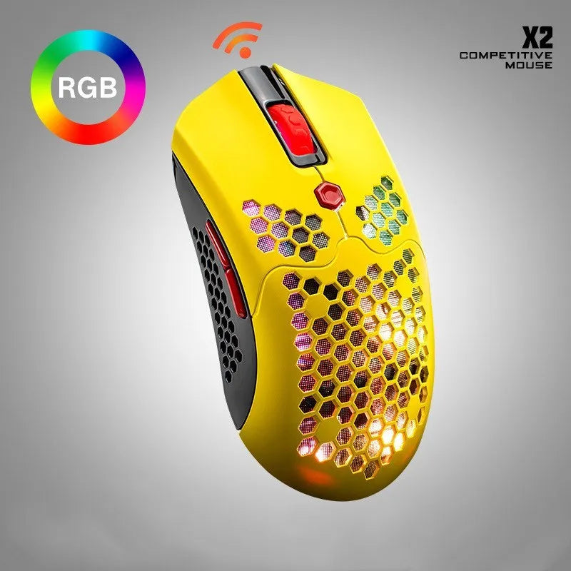 Free Wolf X2 wireless RGB gaming mouse in multiple colour options on gaming desk