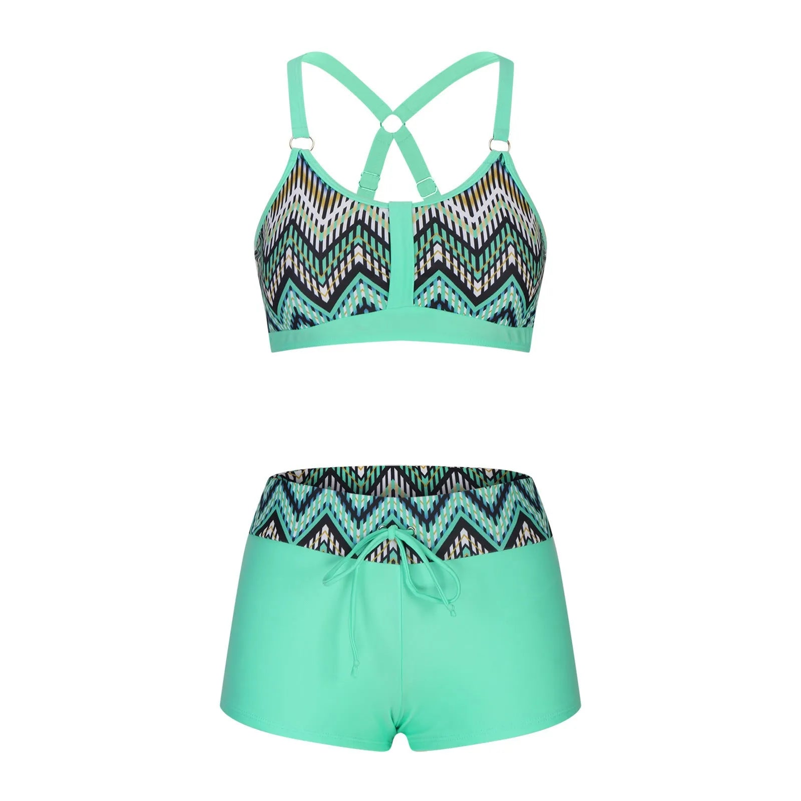 Women's floral print polyester bikini swimsuit set with bra and shorts on a neutral background.