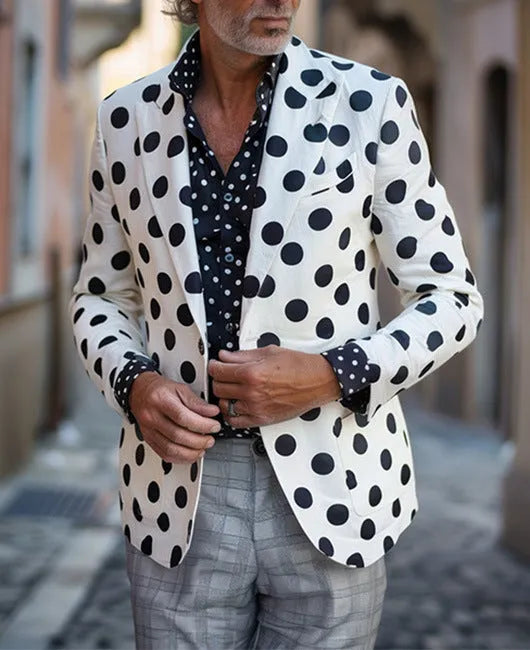 Men's slim fit two-button suit jacket with top-stitching pockets in a solid colour.