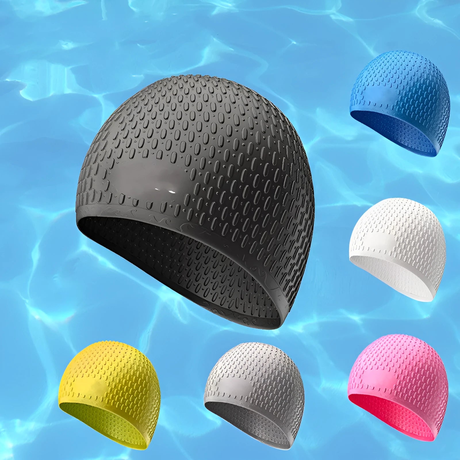 Adult silicone swimming cap with water drop design in various solid colours
