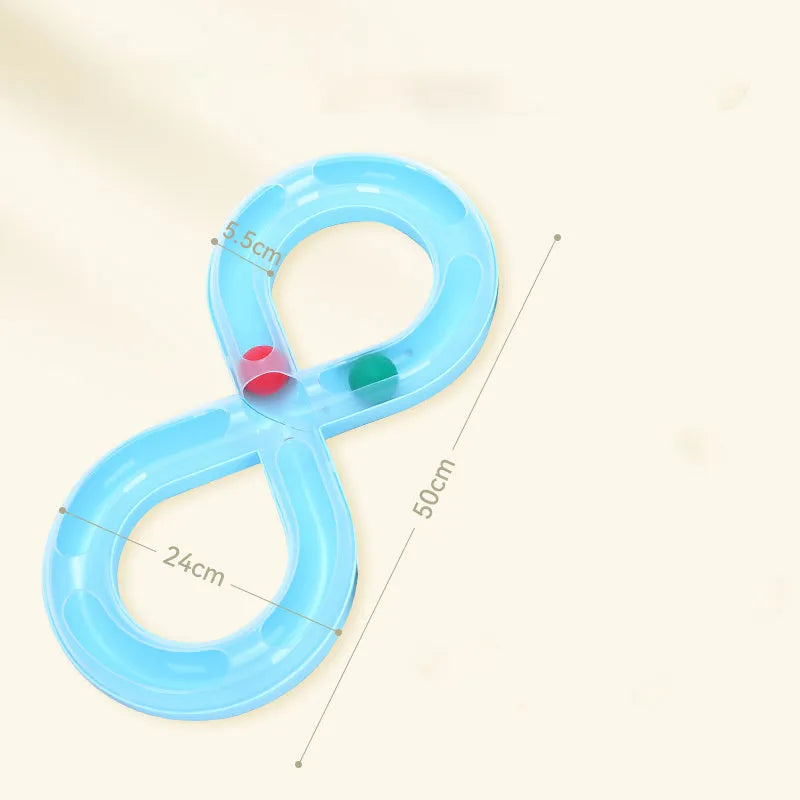 Rotating cat track toy with rolling balls and teasing stick on blue background