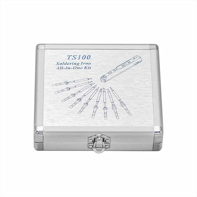 Silver aluminium storage box for portable soldering iron showing compact dimensions