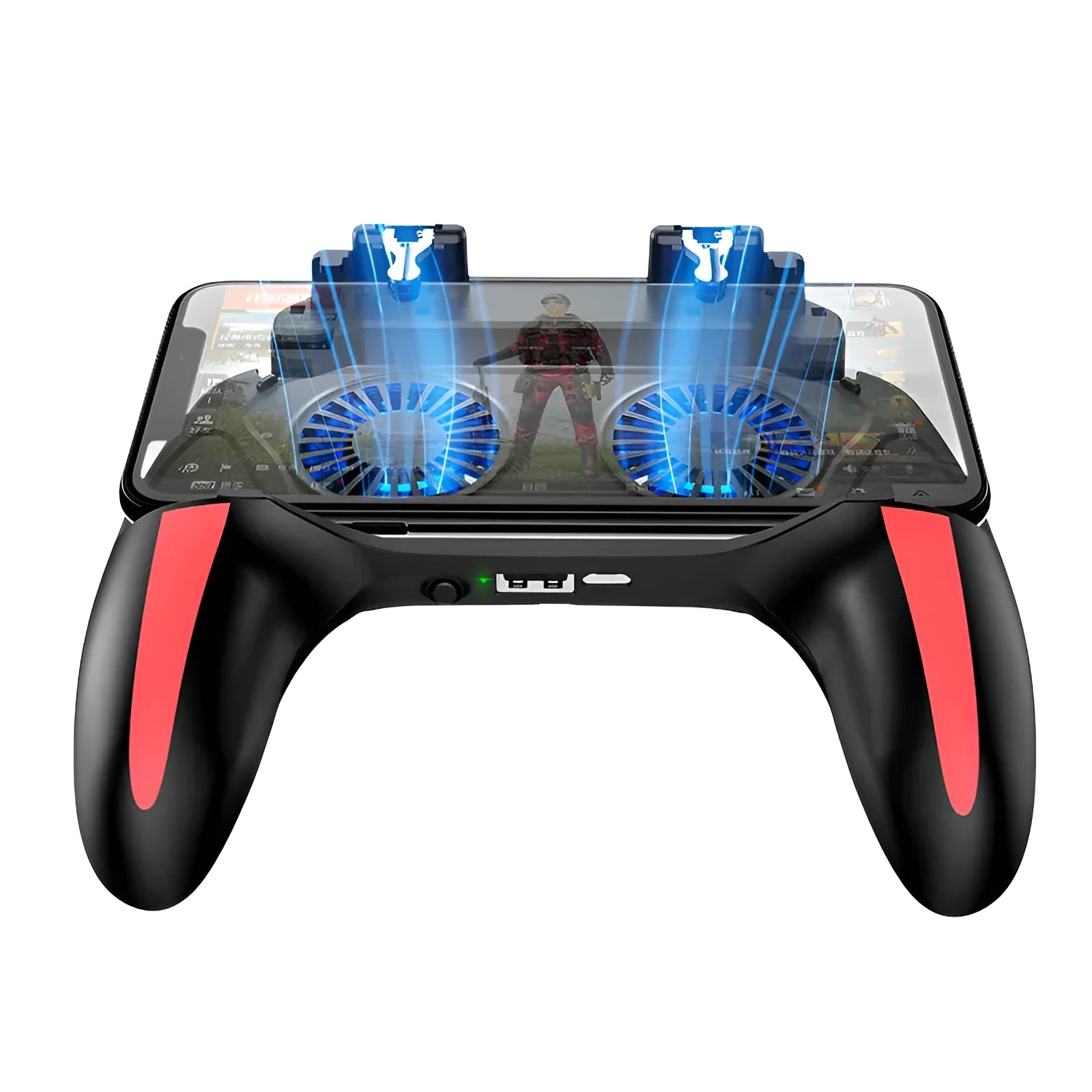 H10 mobile phone gaming controller showing touch screen interface and phone holder for 4.7 to 6.5 inch devices.