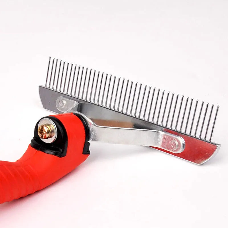 Large red dog comb with rubber handle and alloy steel teeth on surface
