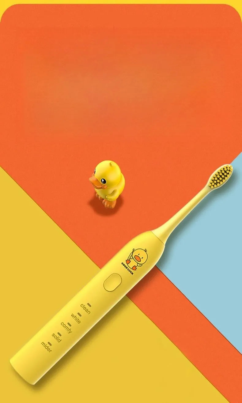 Yellow rechargeable smart electric toothbrush with soft bristle head and USB charging cable