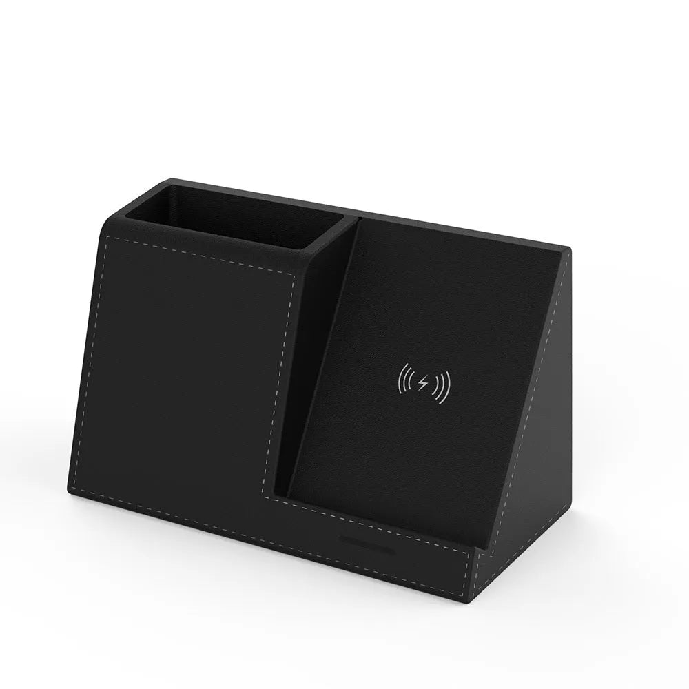 Black leather wireless charging desk organiser with pen holder and phone stand at 45-degree angle