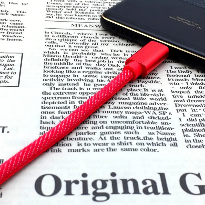 Denim braided Type-C charging cable with aluminium alloy connector in black, blue, or red colours