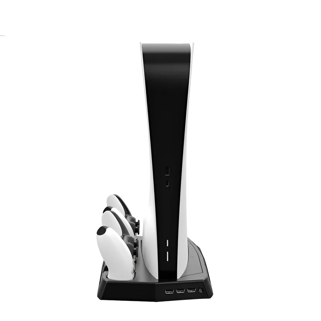 Black PS5 charging cooling fan base with two controller charging slots and USB HUBs