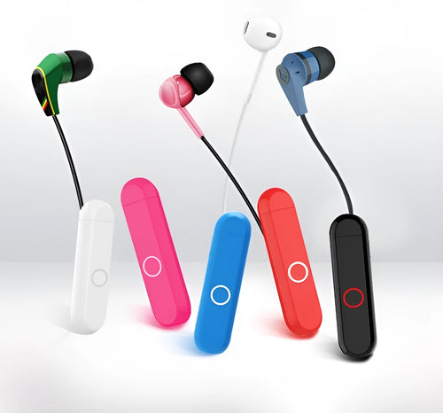 A1 Bluetooth listening button audio receiver in black, blue, orange, or white, shown with 3.5mm plug.