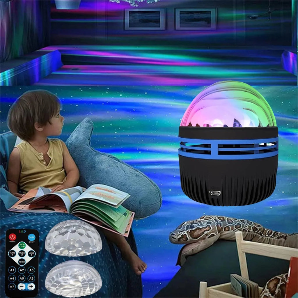 USB-powered LED galaxy projector lamp with rotating ball on a table, showing starry light projection.