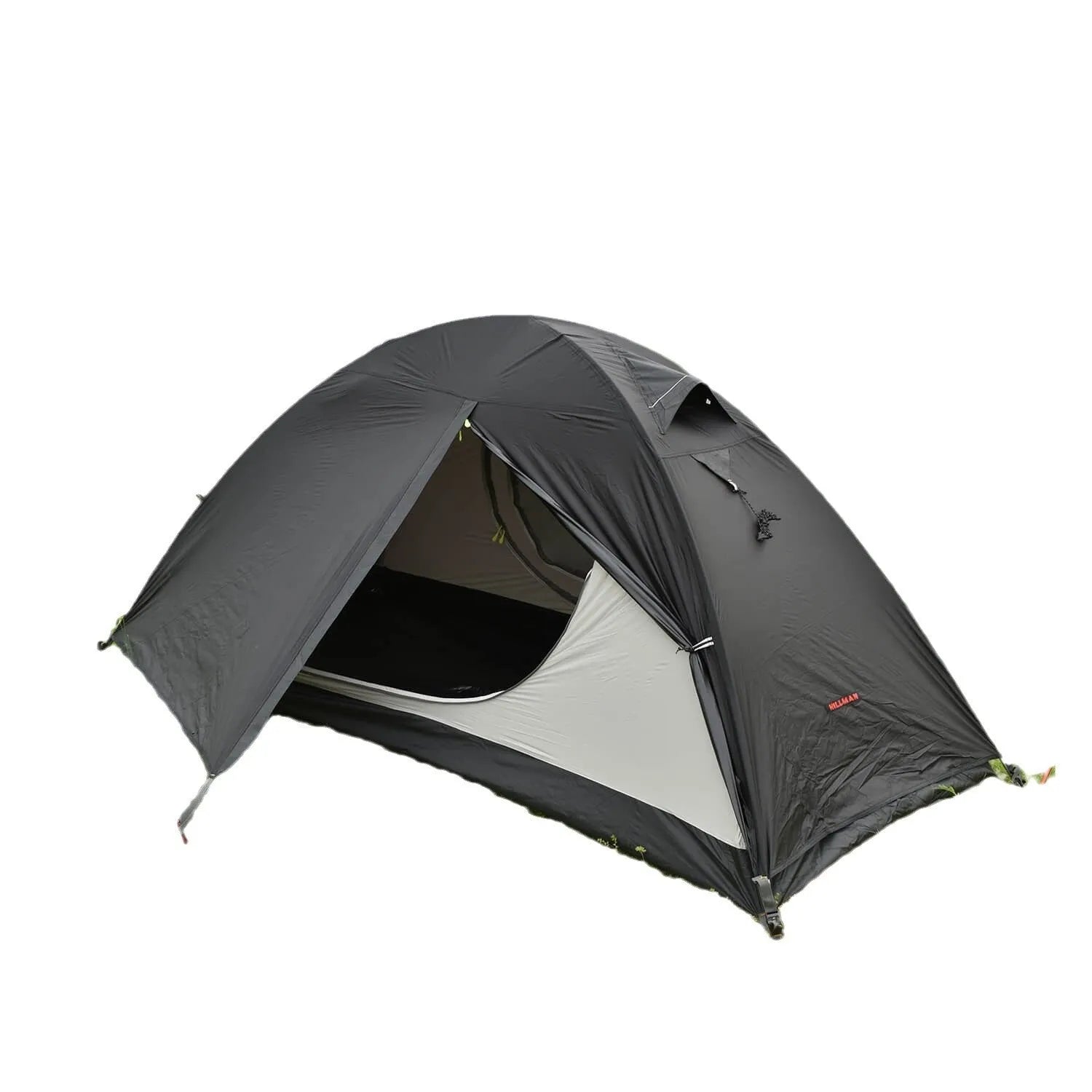 Black single person double account tent with aluminium poles set up outdoors