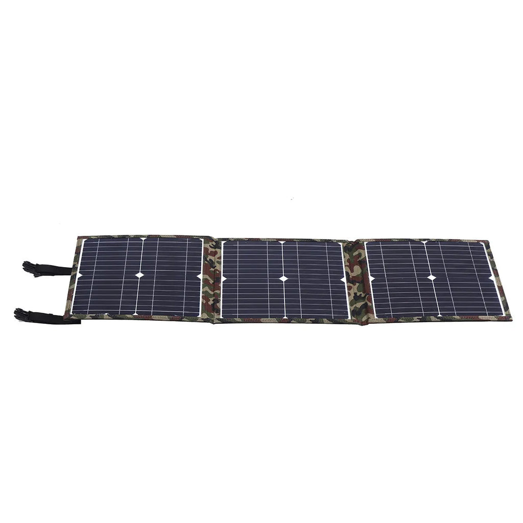 36W black foldable solar panel with charging accessories including car charger and cables