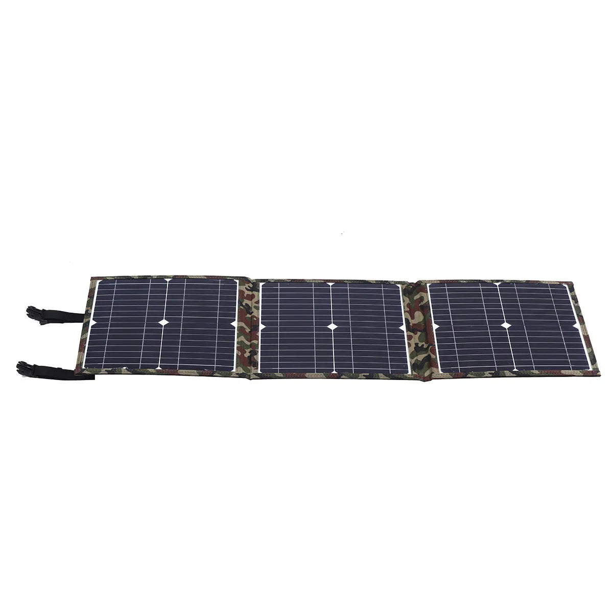 36W black foldable solar panel with charging accessories including car charger and cables