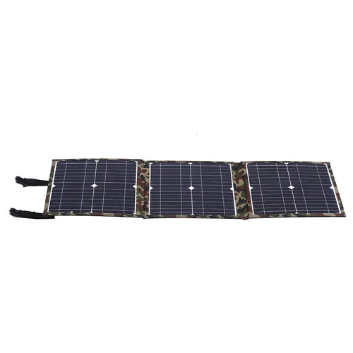 36W black foldable solar panel with charging accessories including car charger and cables