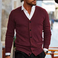 Men's slim fit acrylic cardigan sweater in a selection of colours including creamy-white, grey, black, wine red, and dark green.