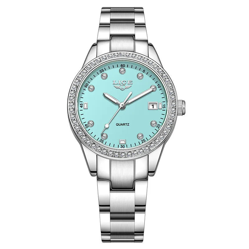 Silver fashion watch with diamond dial, luminous hands, and stainless steel case.