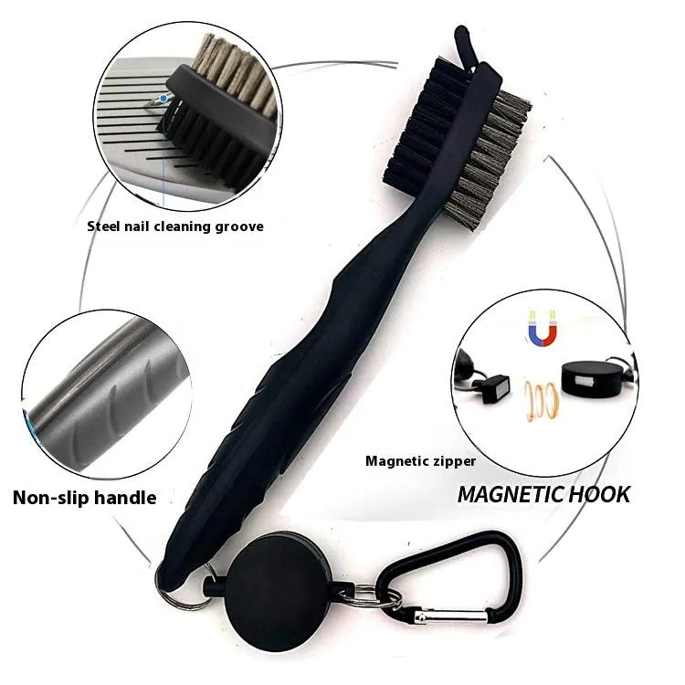 Golf club cleaning brush with magnetic hanging buckle black with cover stainless steel and PP wool bristles