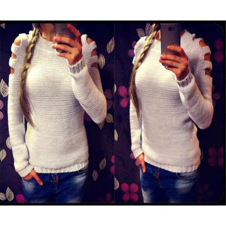 White women's knitted shirt with hollow-out sleeves and round neck