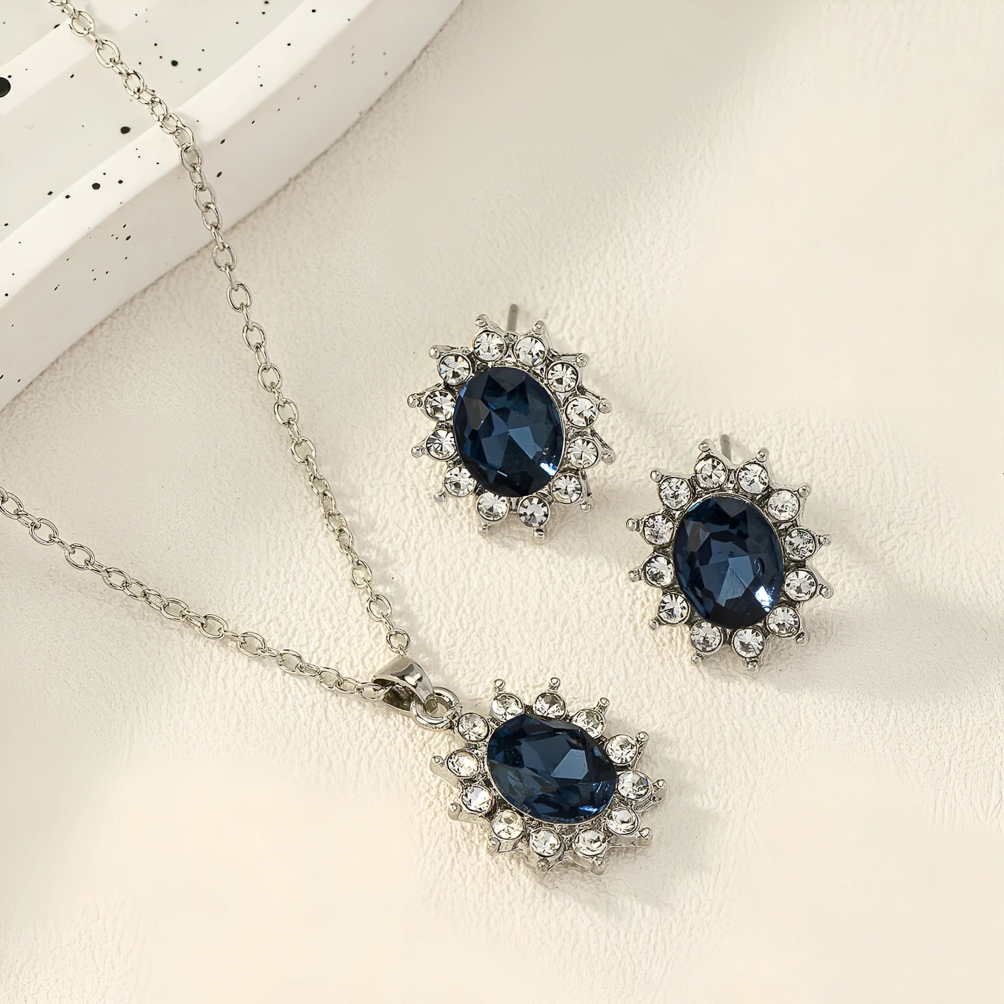 Sunflower zircon ear stud and necklace set for women in electroplated alloy with ellipse design elements
