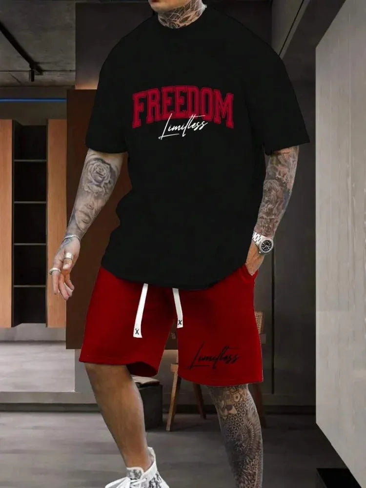 Men's black and white 3D printed letter short sleeve top and shorts suit set